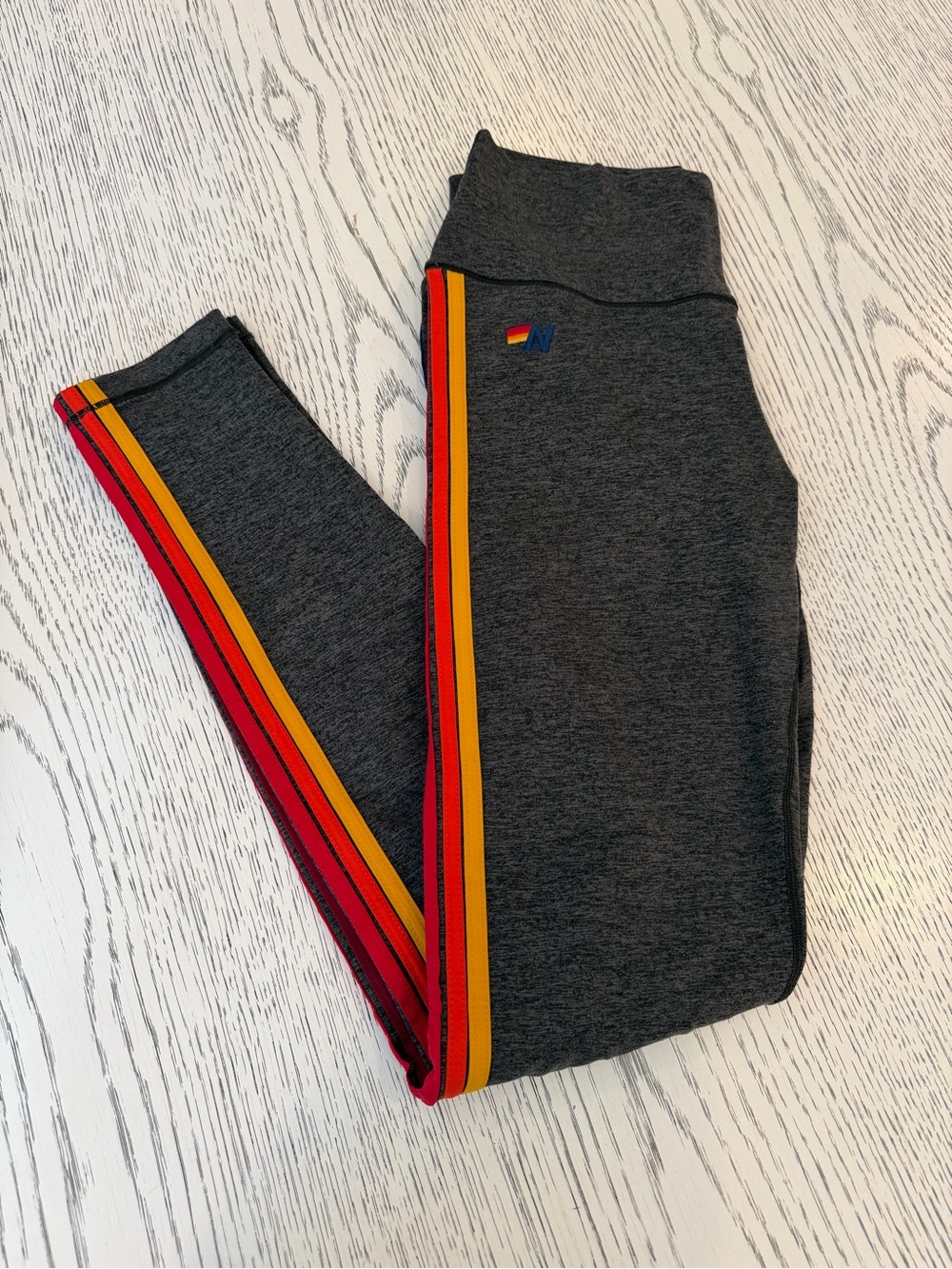 Aviator Nation Gray Leggings with Red and Yellow Side Stripes